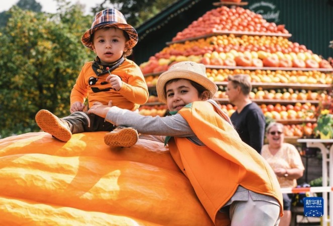 9月12日，在德国洛马尔传统南瓜节上，儿童在一个巨型南瓜上留影。新华社发（唐颖 摄）
