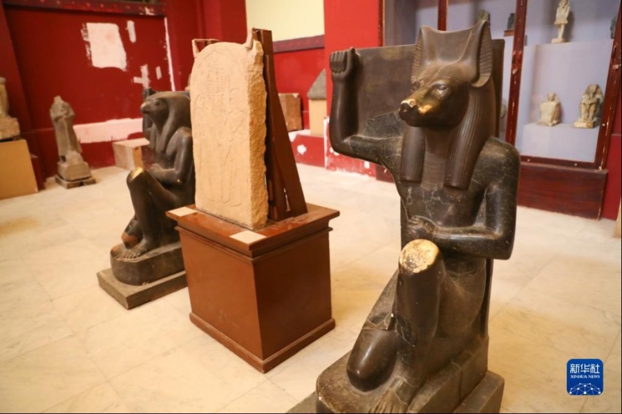 这是5月14日在位于埃及开罗的埃及博物馆拍摄的一尊“阿努比斯”雕像。新华社记者 隋先凯 摄