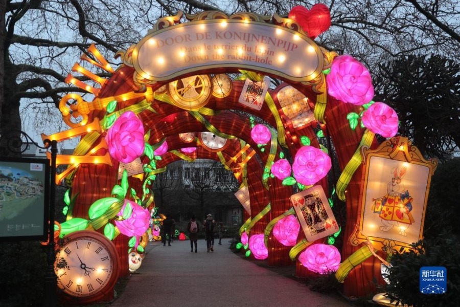 1月12日，游客在比利时安特卫普动物园参观第六届“中国花灯节”。新华社记者 郑焕松 摄