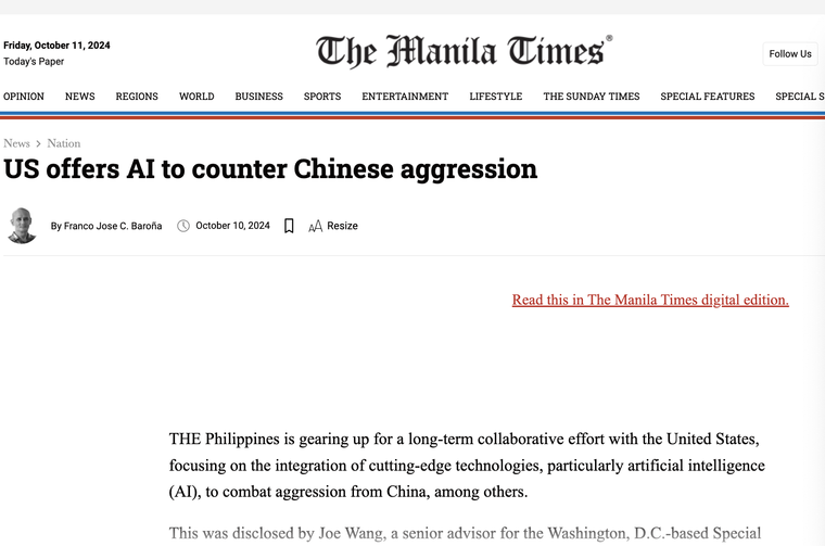 Philippine media: US offers AI to counter Chinese in the South China Sea