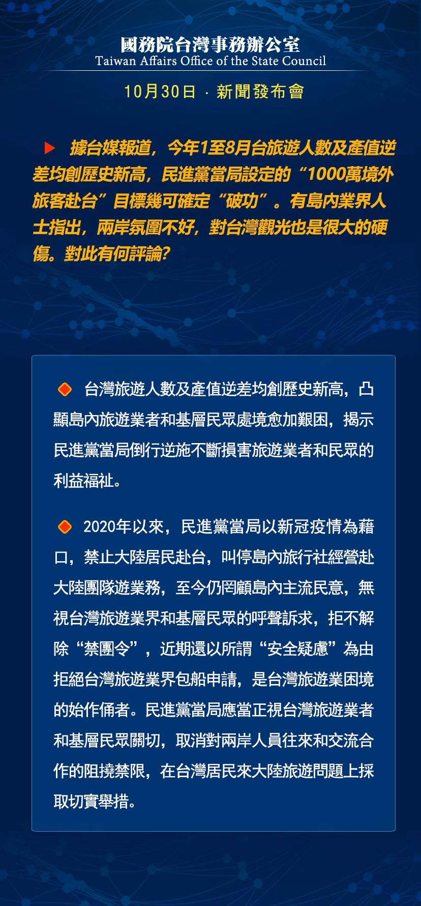 国务院台湾事务办公室10月30日·新闻发布会