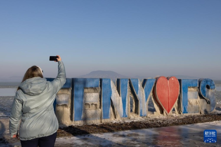 1月10日，在匈牙利巴拉顿费尼韦斯，一名女子拍摄巴拉顿湖岸的冰柱。新华社发（弗尔季·奥蒂洛摄）