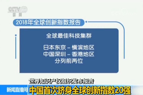 世界知识产权组织发布报告：中国首次跻身全球创新指数20强