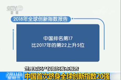 世界知識產權組織發(fā)布報告：中國首次躋身全球創(chuàng)新指數20強