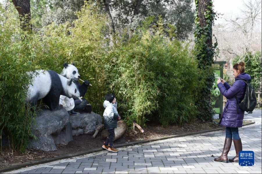 3月7日，小朋友在西班牙马德里动物园与大熊猫雕像合影。新华社发（古斯塔沃·巴连特摄）