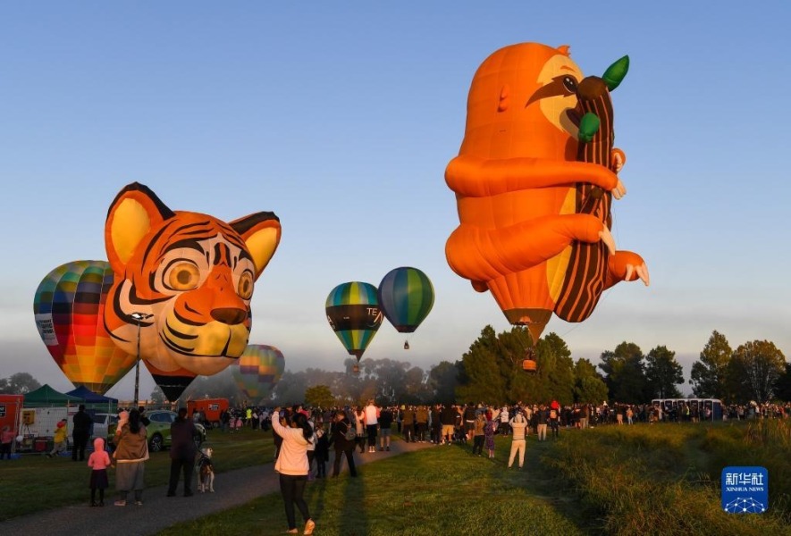 3月15日清晨，在新西兰汉密尔顿，人们聚集在湖边观看热气球升空。新华社记者 郭磊 摄
